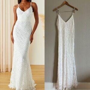 NWOT Blissful Ever After White Lace Ruched Sleeveless Maxi Dress